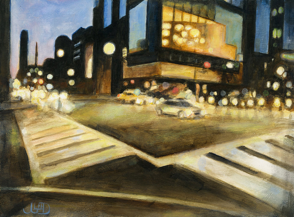 Night Walking by Jonathan Gleed, a glowing night street scene with traffic and a yellow taxi